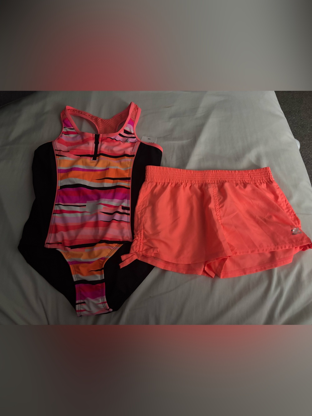 Neon Pink Orange Striped One-Piece Swimsuit with Coral Athletic Shorts